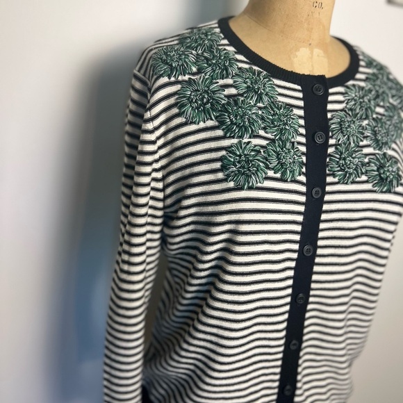 Anthropologie Tabitha black & white striped cardigan with green floral details - Picture 3 of 5